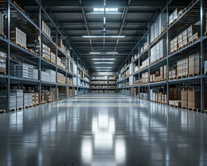 Fototapeta premium Rows of boxes stacked high in a warehouse. AI.