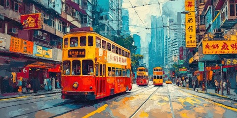 Obraz premium Vibrant Hong Kong tram cityscape. Colorful tram in busy vibrant city. Urban transportation blends with iconic architecture. Bustling street scene for travel and urban tourism.