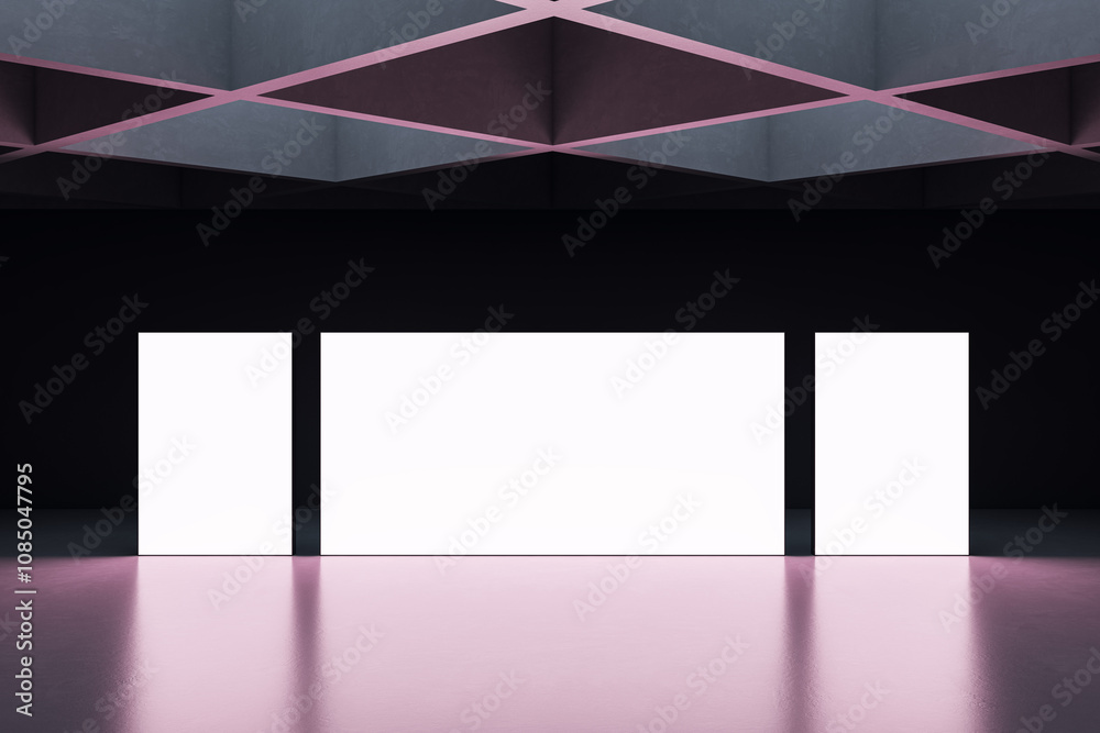 Poster blank screens on a modern stage with geometric ceiling design. 3d rendering
