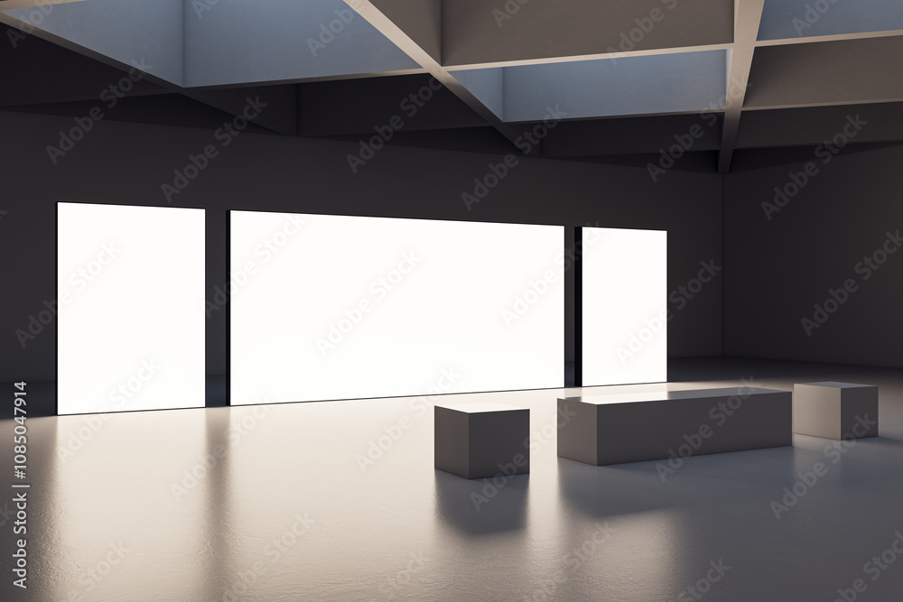 Poster Modern Exhibition Space with Blank Screens and Podiums. 3D Rendering