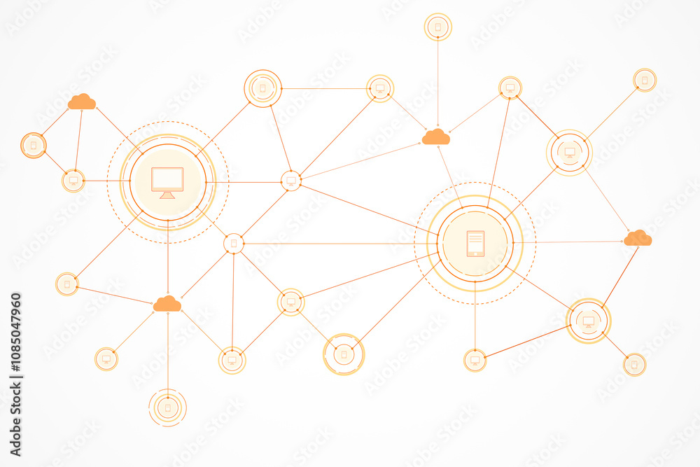 Poster Abstract visual of social media and cloud network connections. Digital nodes linked through technology on a white background. 3D Rendering