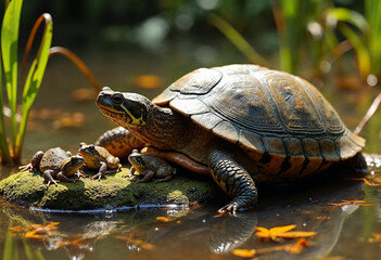 Obraz premium Turtle and Frogs Relaxing on a Sunlit Mossy Rock