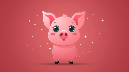 Fototapeta premium Cute cartoon piglet on red background.