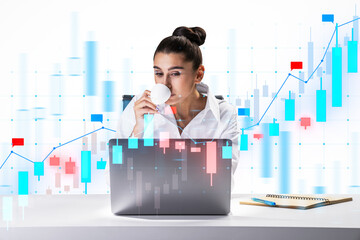 Businesswoman working on laptop with forex trading graphics on transparent background, implying...
