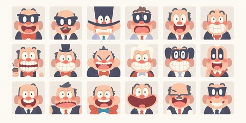 Cartoon businessmen show quirky emotions. Caricature characters in suits with humorous expressions. Smiling faces perfect for playful and creative projects.