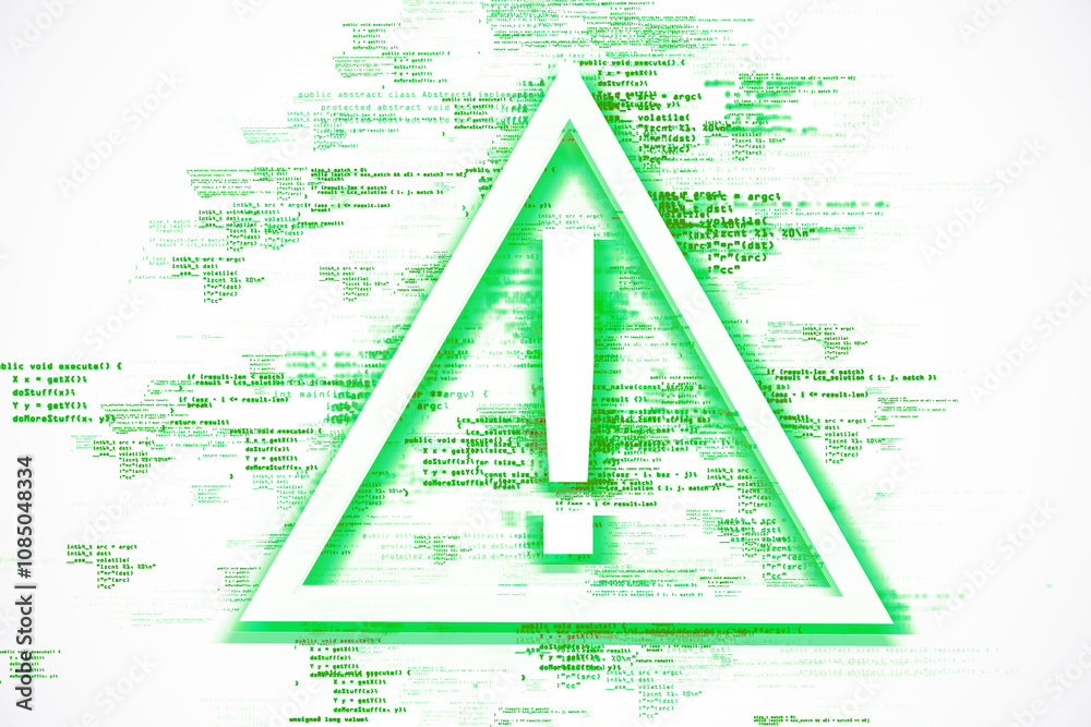 Poster Green warning triangle with an exclamation mark overlaid on computer code in the background, representing a cybersecurity alert or system error. 3D Rendering