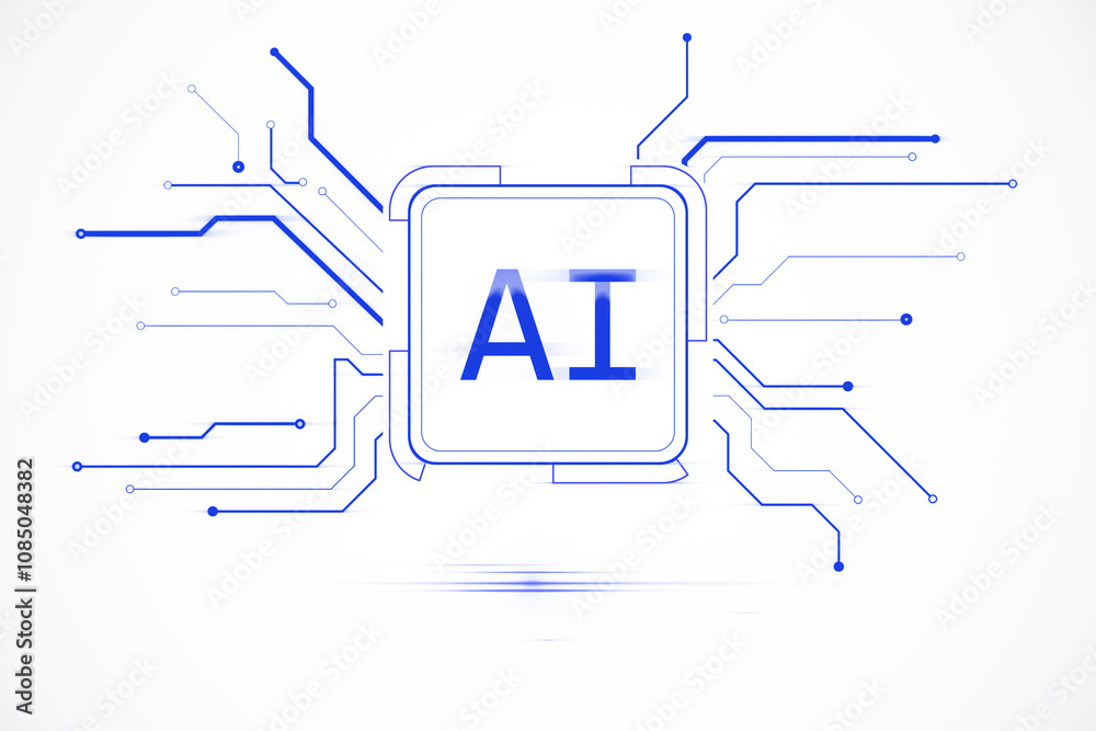 Poster AI logo with blue circuit connections on white background, symbolizing artificial intelligence and machine learning technology. 3D Rendering