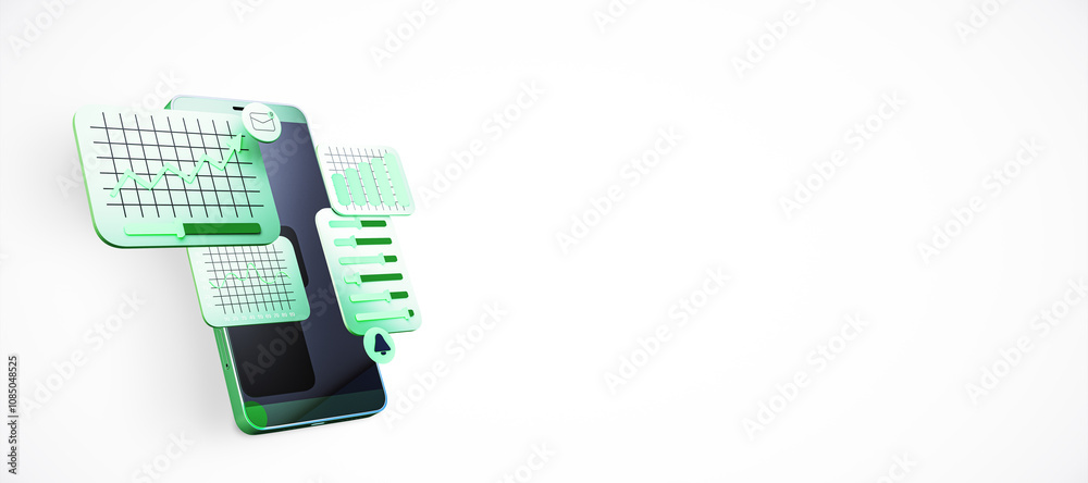 Poster Smartphone with floating graphs and charts representing business data, financial growth, and technology. Light green elements on white background. 3D Rendering