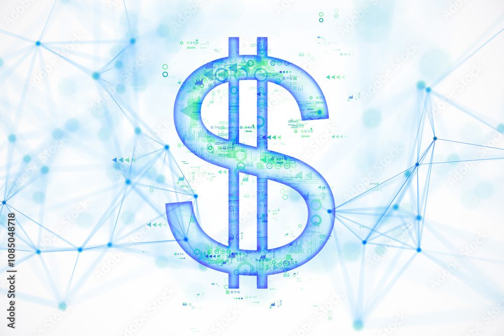 Poster digital dollar sign illustration with network connections and abstract data on a white background, r