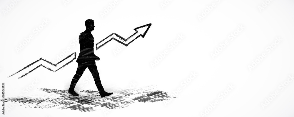 Poster silhouette of a person walking with an upward arrow symbol indicating growth and progress on a light
