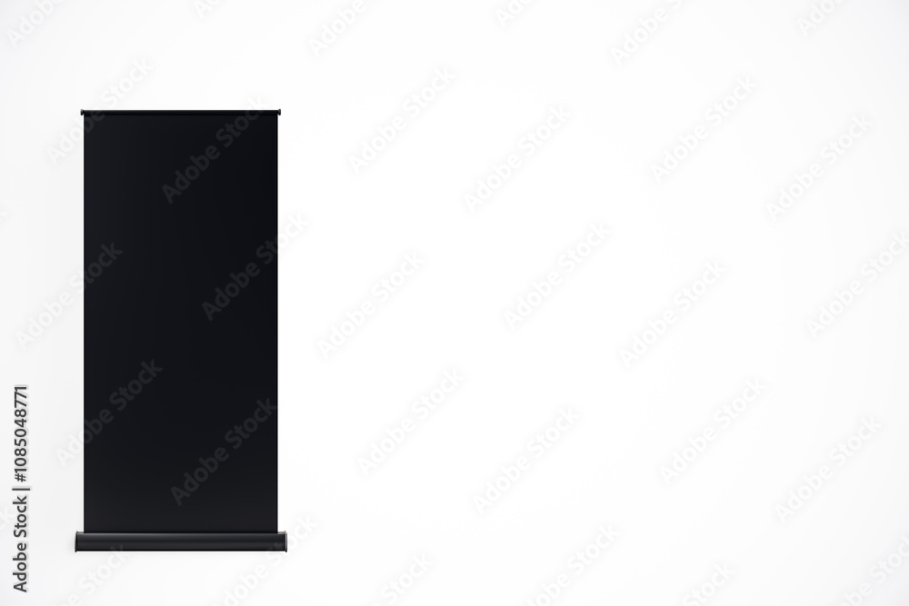 Aufkleber black roll-up banner mockup on a clean white background for advertising and promotion display. verti