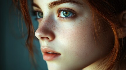Fototapeta premium Close-up portrait of a young woman with freckles and green eyes.