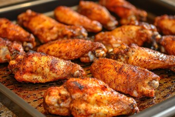 A tray of seasoned chicken wings ready for serving.