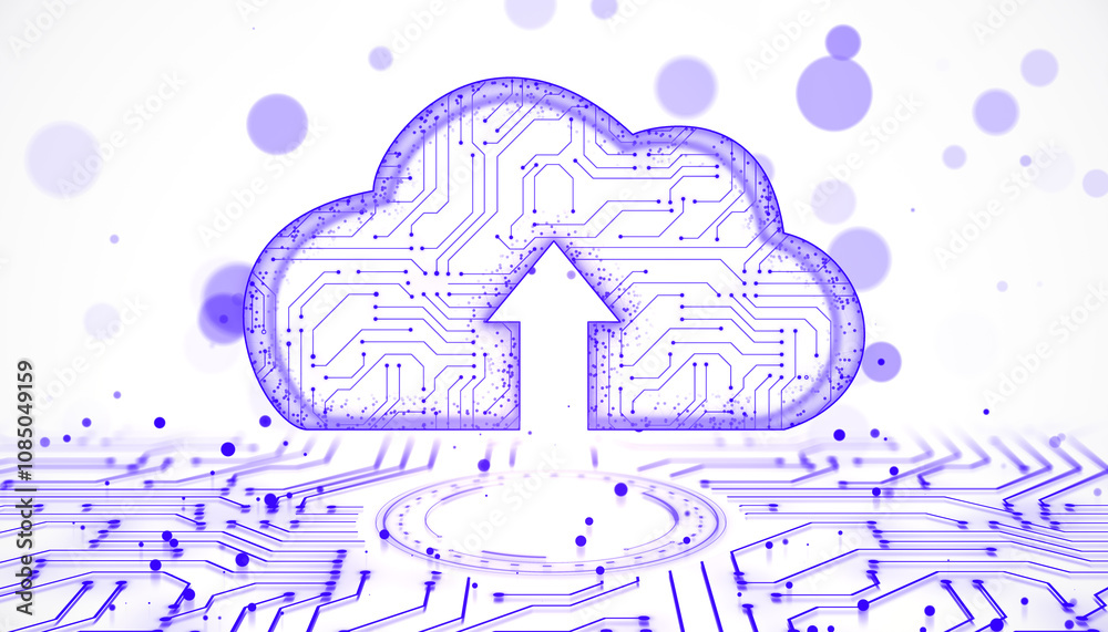 Leinwandbilder Abstract cloud computing concept with circuit board and upload arrow on light background. 3D Rendering
