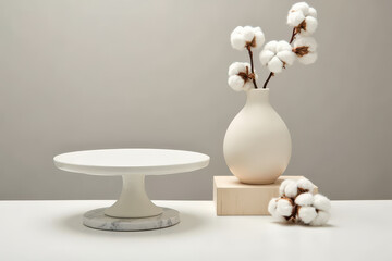 A white ceramic empty stand, a pale marble coaster, and a beige porcelain vase. Soft lighting creates a serene atmosphere with subtle grey tones and fluffy white cotton bolls for texture.