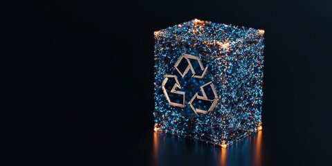 A glowing, blue recycling symbol cube, illuminated with sparkling lights, set against a dark background, emphasizing sustainability and eco-friendliness.