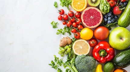 Fresh produce assortment featuring vibrant fruits and vegetables on a light background ideal for healthy meal preparation