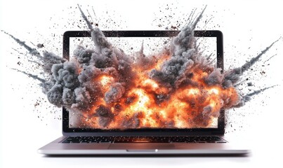 A laptop explodes with smoke and fire. AI.