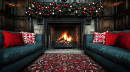 Fototapeta premium Festive Living Room with Warm Fireplace Decor