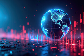 A futuristic digital illustration, featuring a 3D globe and In the background, there are numerous red and blue lines and dots, resembling stock market graphs or data streams, showcasing global trade.