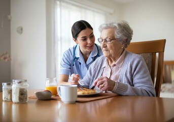 Caregiver Assisting Elderly Woman with Breakfast