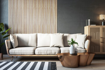 Modern living room interior with beige couch, wooden accents, and coffee table in cozy minimalistic design. 3D Rendering