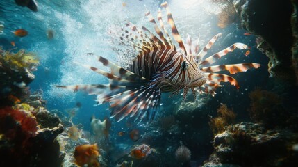 A Lionfish Swimming Through Clear, Blue Water in a Coral Reef