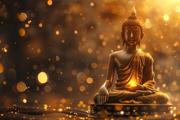 Greeting card with ancient statue great Buddha on holiday composition