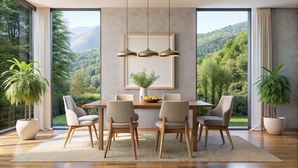 Obraz premium Dining Room Scene with Empty White Poster Mockup and Furniture