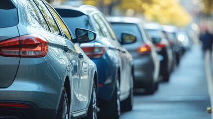 A line of parked cars on an urban street in soft focus.