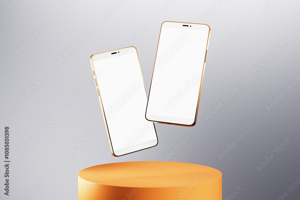 Poster two smartphones with blank screens floating above a round orange podium on a light gray background. 