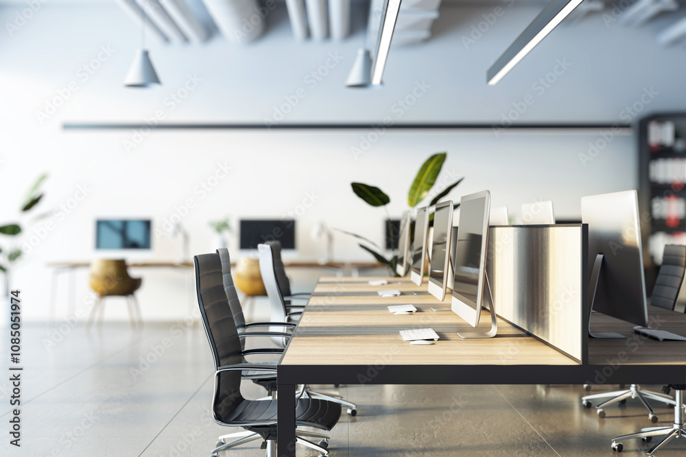 Poster modern open office layout with wooden desks, ergonomic chairs, computers, and plants in a bright and