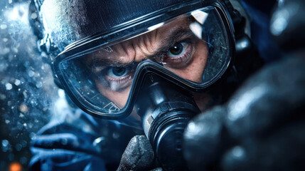 Fototapeta premium focused man in gas mask and goggles, ready for action in high tech environment. His intense expression conveys determination and readiness