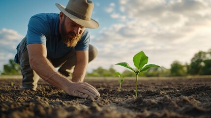 Gardener Tending to Young Plant in Sunlit Field