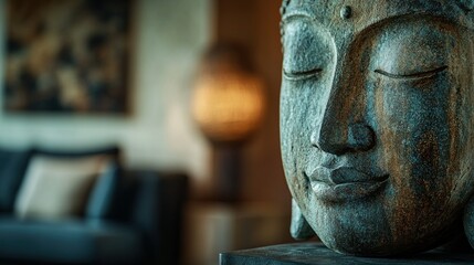 Close-up of a Wooden Buddha Sculpture with Eyes Closed