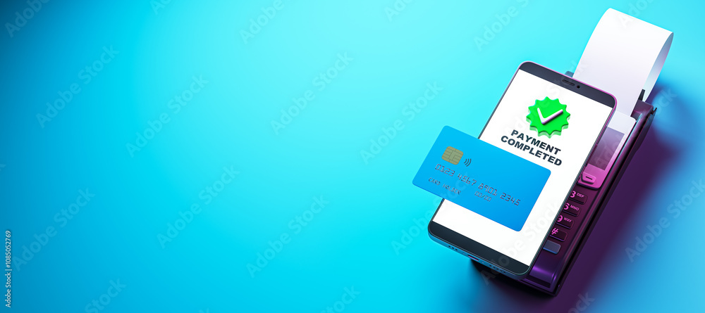 Poster payment completed with credit card and smartphone on blue background. digital transaction concept fo