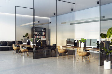 Modern office interior with glass partitions, empty workstations, wooden furniture, and contemporary design on a light background. 3D Rendering