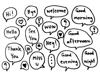 Cute speech doodle hand drawing collection , element bubble , Good Morning , Hello , Thank you