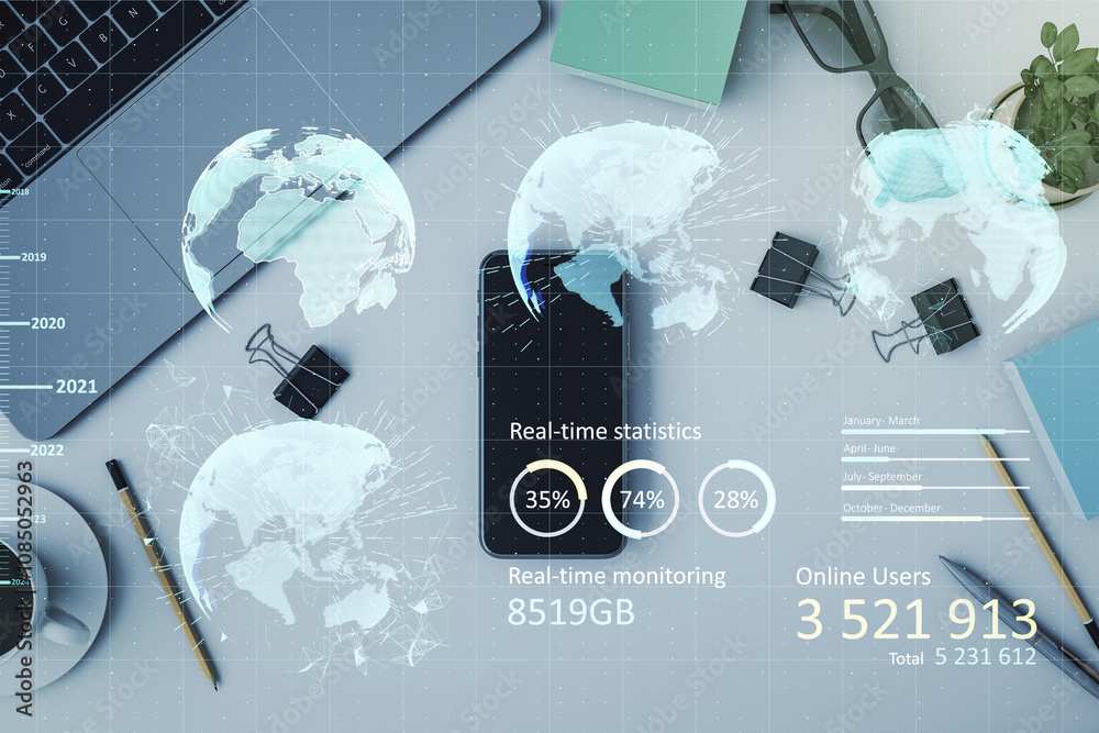 Poster abstract representation of real-time statistics on a desk with office supplies, smartphone, and glob