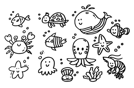 Cute sea animal element, cartoon doodle hand drawing charactor