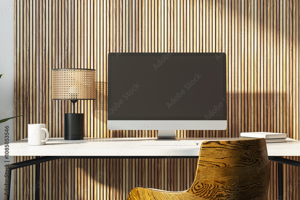 Poster Modern computer display on a sleek office desk with a contemporary wooden chair and lamp. Minimalist interior design setup. 3D Rendering