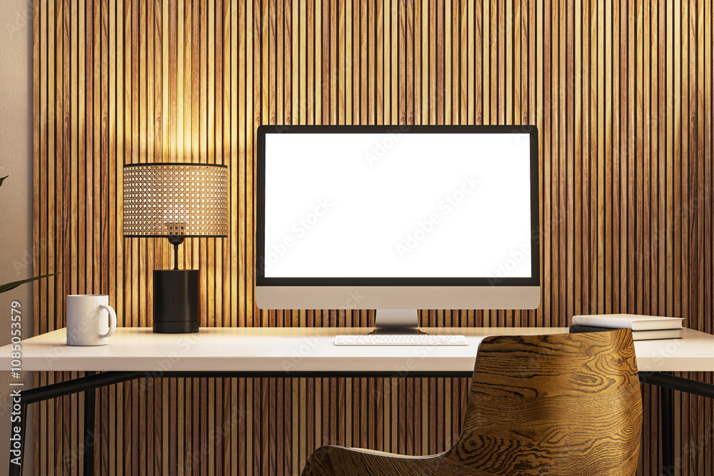 Aufkleber modern desk setup with computer screen, books, and lamp in front of wooden textured wall. clean and 