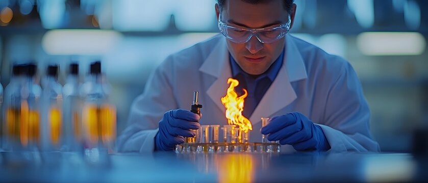 A scientist conducts an experiment with flames in a laboratory setting.