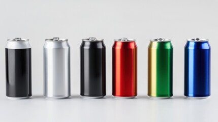 Aluminum beverage cans in silver, white, black, blue, red, and green, separated on a clean white background