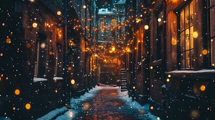 Obraz premium Enchanted Winter Alley with Snow, Twinkling Lights, and Atmosphere of Magic in a Historical City Street During the Holiday Season