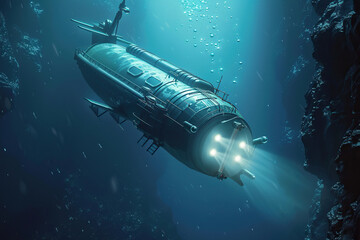 Fototapeta premium Beautiful large bathyscaphe floating in middle of ocean during exploration