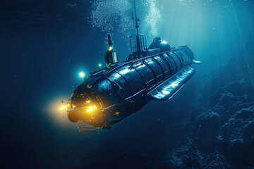 Fototapeta premium Beautiful large bathyscaphe floating in middle of ocean during exploration
