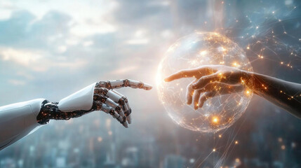 Reaching light with a robotic and human hand touching fingers