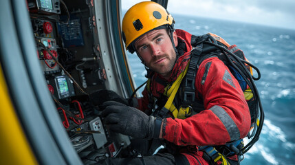 Offshore wind turbine technician working on equipment in harness, showcasing safety and skill in marine environment. technician is focused and determined