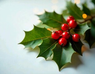 Green holly leaves with red berries, a traditional Christmas decoration, white background